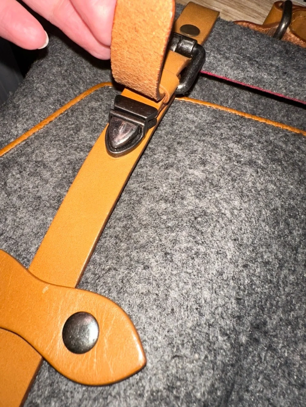 Gray Felt Laptop Bag with Tan Leather Straps